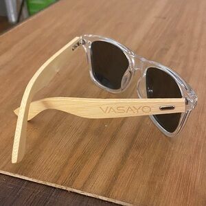 Vasayo sunglasses, clear frame, black glasses, bamboo handles in good condition
